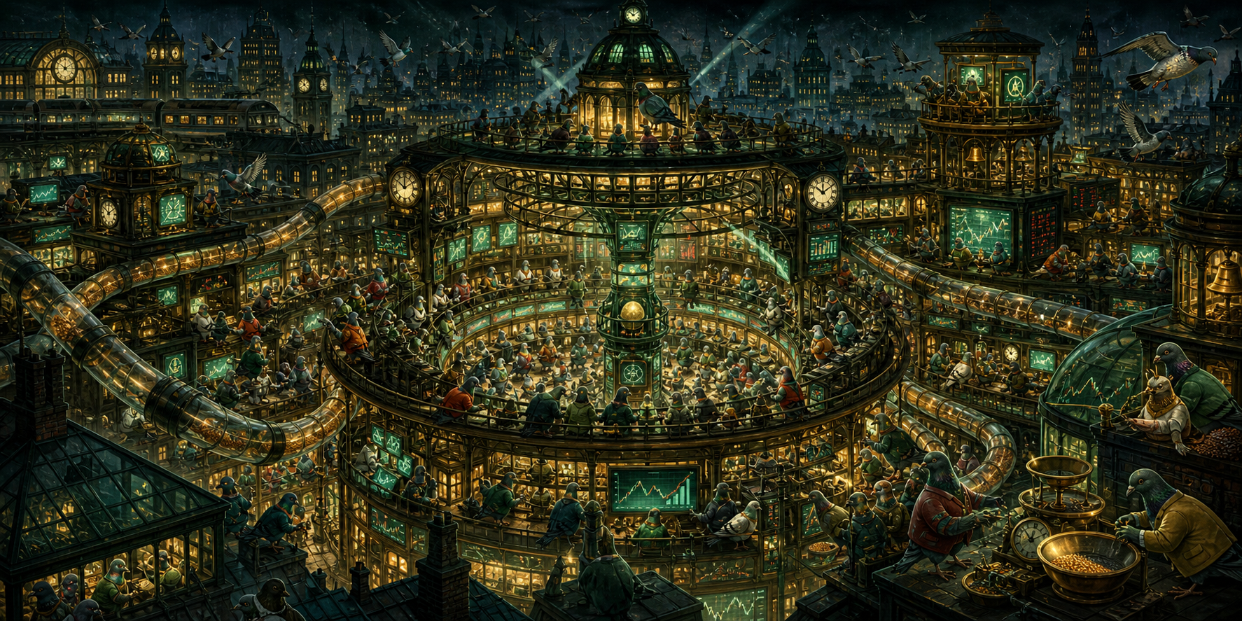 Vast pigeon futures exchange spanning a nighttime city